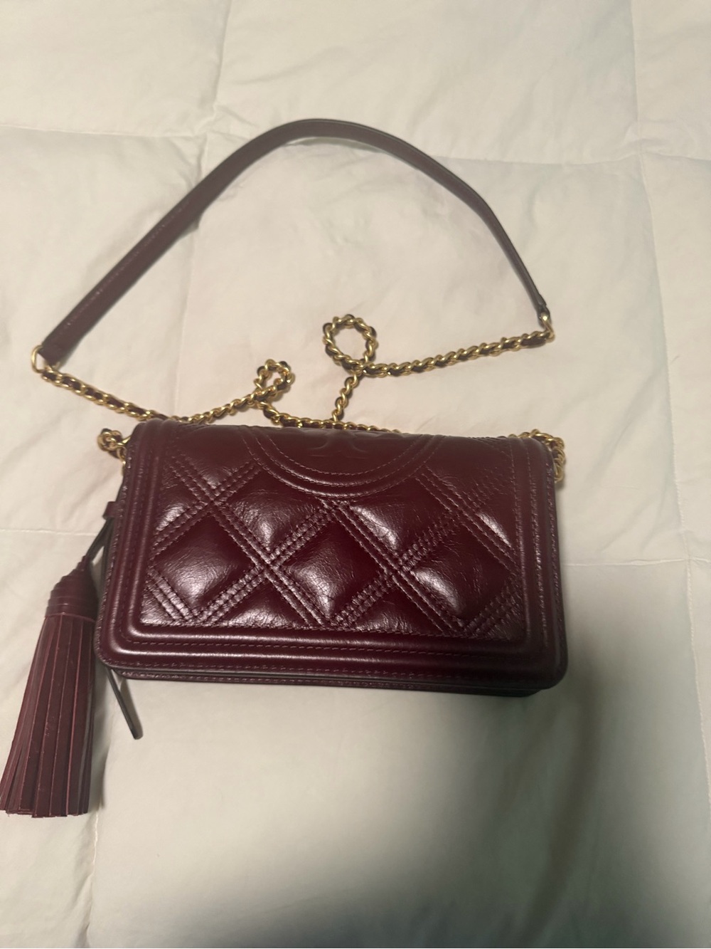 Tory Burch Quilted Leather Crossbody in Burgundy with Gold Chain
